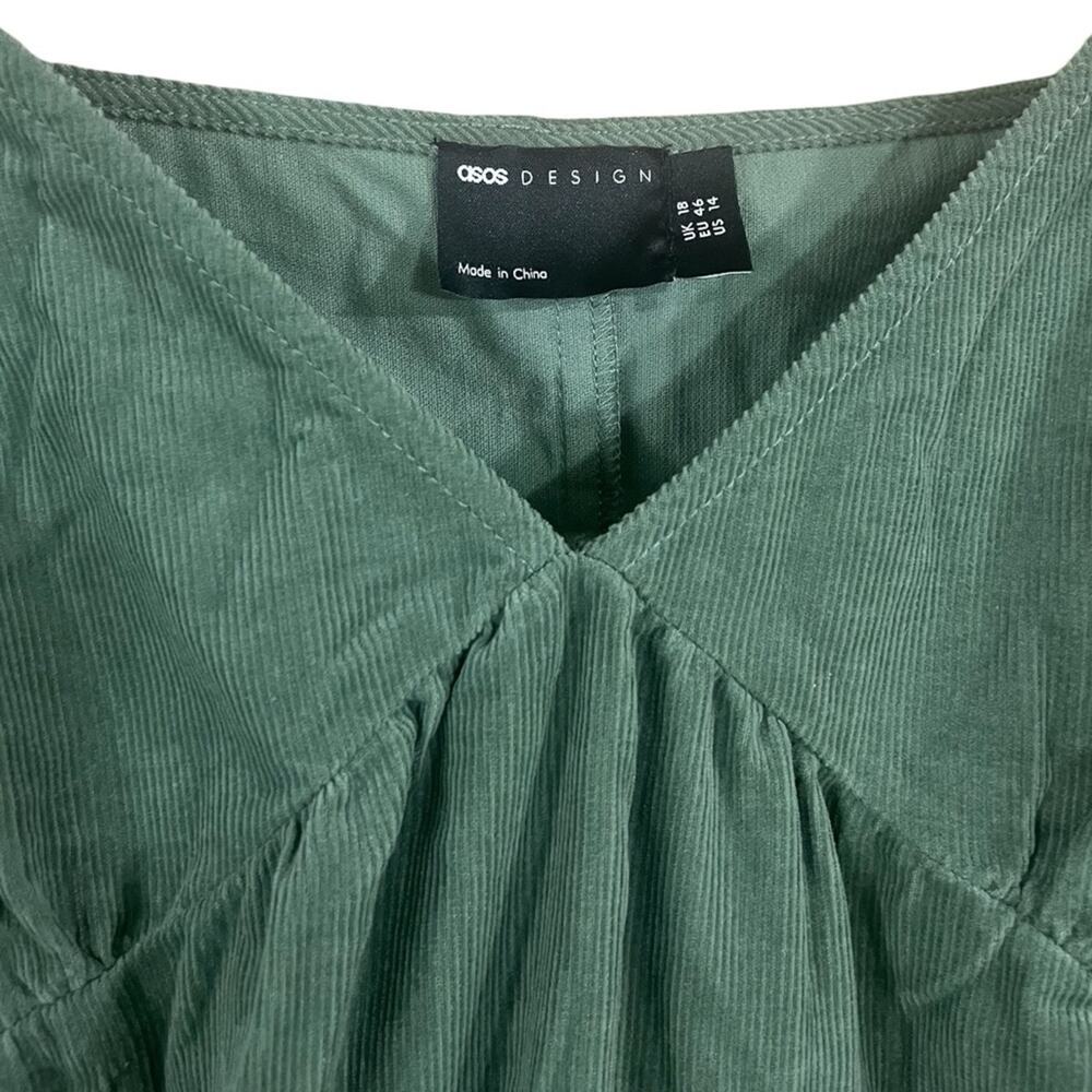ASOS DESIGN tiered cord babydoll midi smock dress in green khaki SIZE 14 - Picture 3 of 7